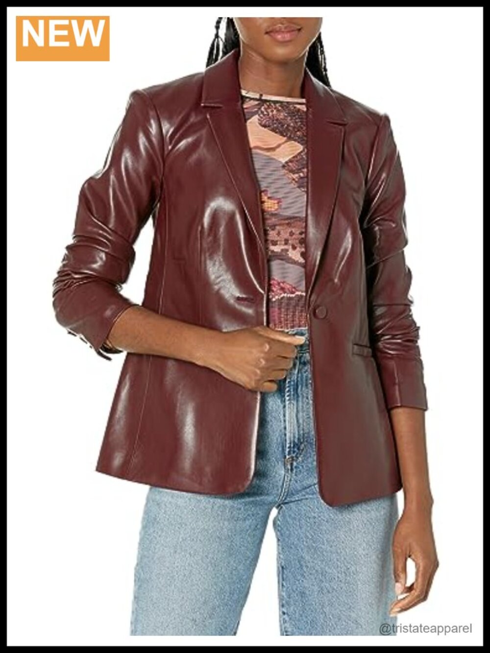 Vegan Leather Kylie Jacket Notch Collar Long Sleeve Button